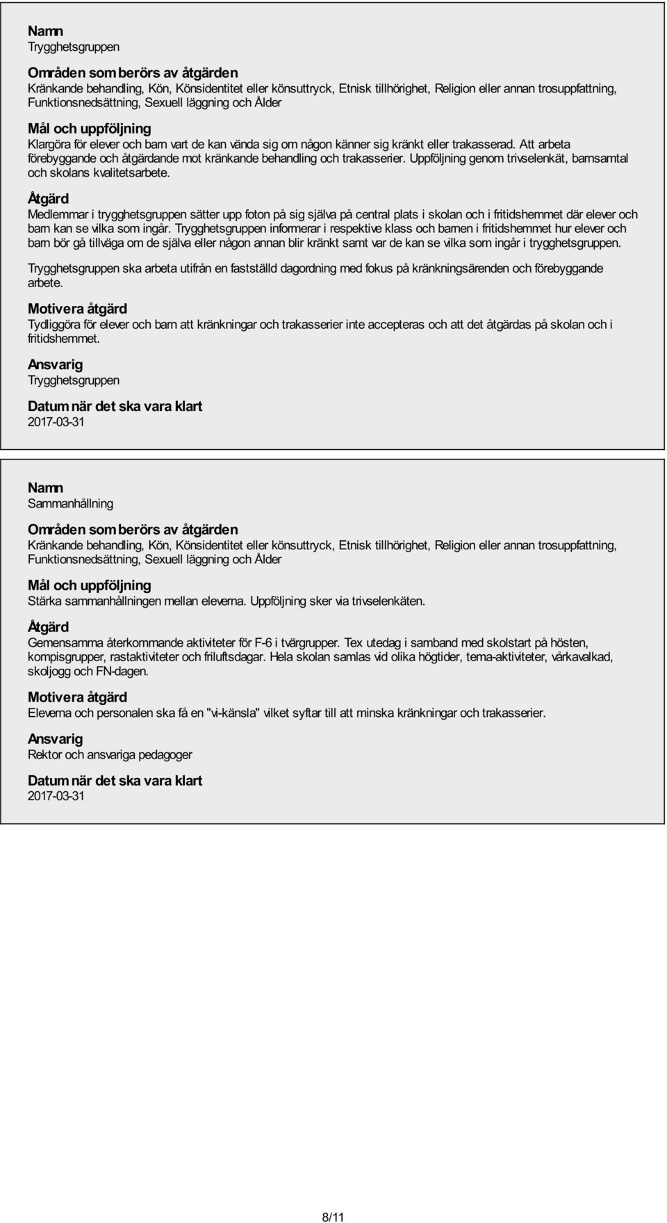 Medlemmar i trygghetsgruppen sätter upp foton på sig själva på central plats i skolan och i fritidshemmet där elever och barn kan se vilka som ingår.