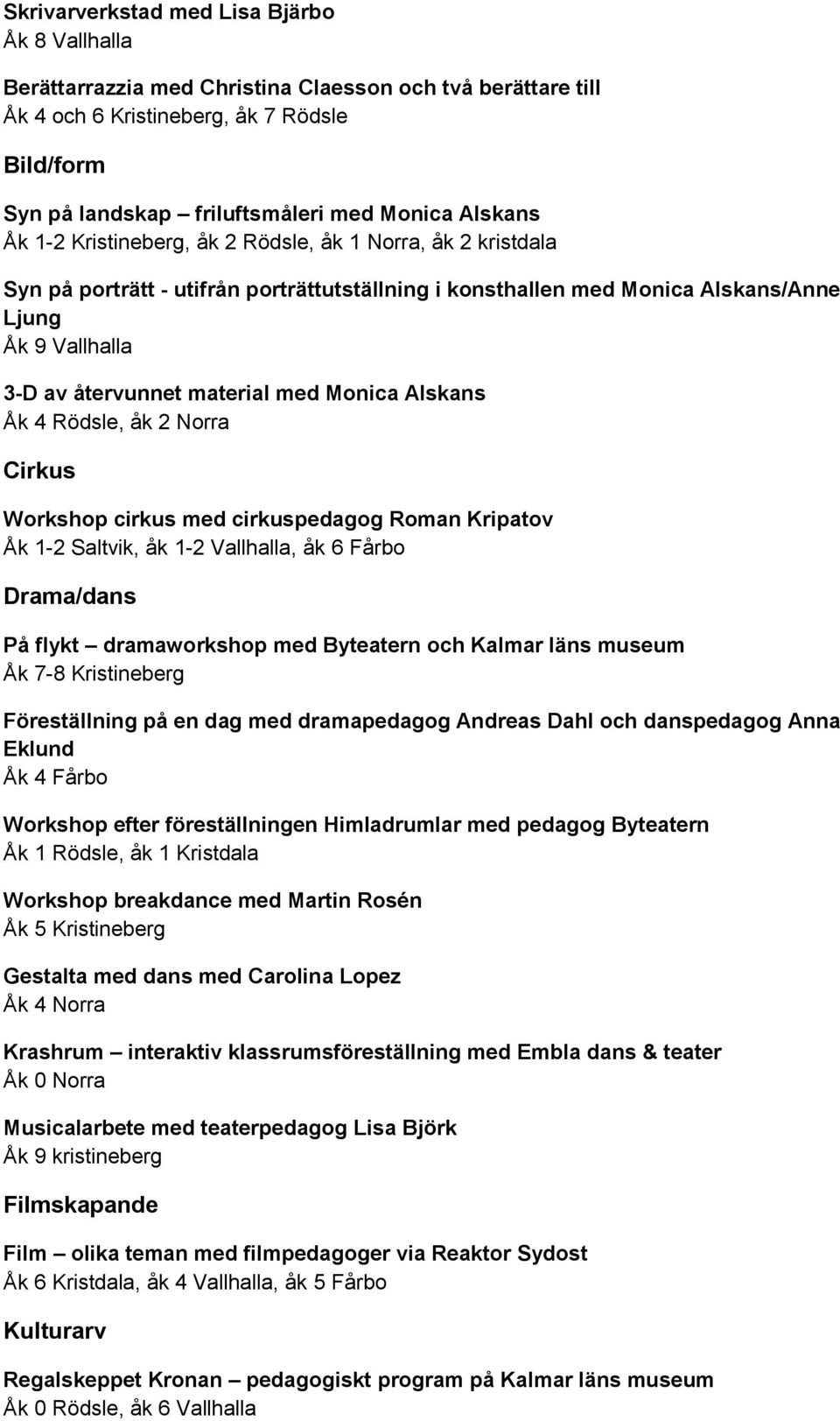 material med Monica Alskans Åk 4 Rödsle, åk 2 Norra Cirkus Workshop cirkus med cirkuspedagog Roman Kripatov Åk 1-2 Saltvik, åk 1-2 Vallhalla, åk 6 Fårbo Drama/dans På flykt dramaworkshop med