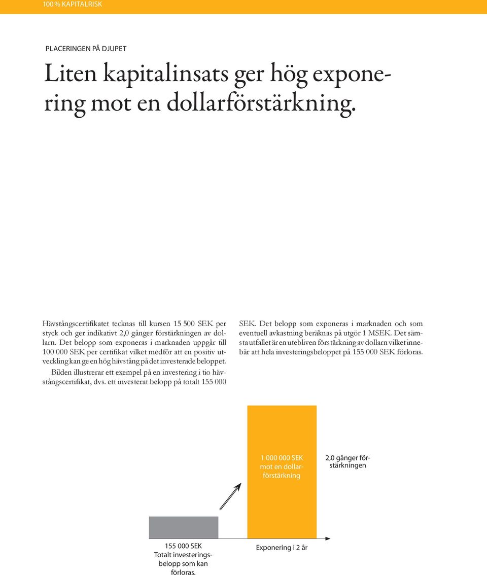 Det belopp som exponeras i marknaden uppgår till 100 000 SEK per certifikat vilket medför att en positiv utveckling kan ge en hög hävstång på det investerade beloppet.