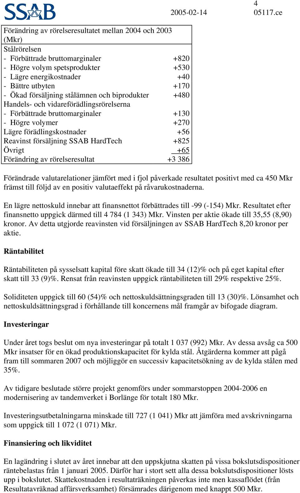 HardTech +825 Övrigt +65 Förändring av rörelseresultat +3 386 4 Förändrade valutarelationer jämfört med i fjol påverkade resultatet positivt med ca 45 Mkr främst till följd av en positiv valutaeffekt