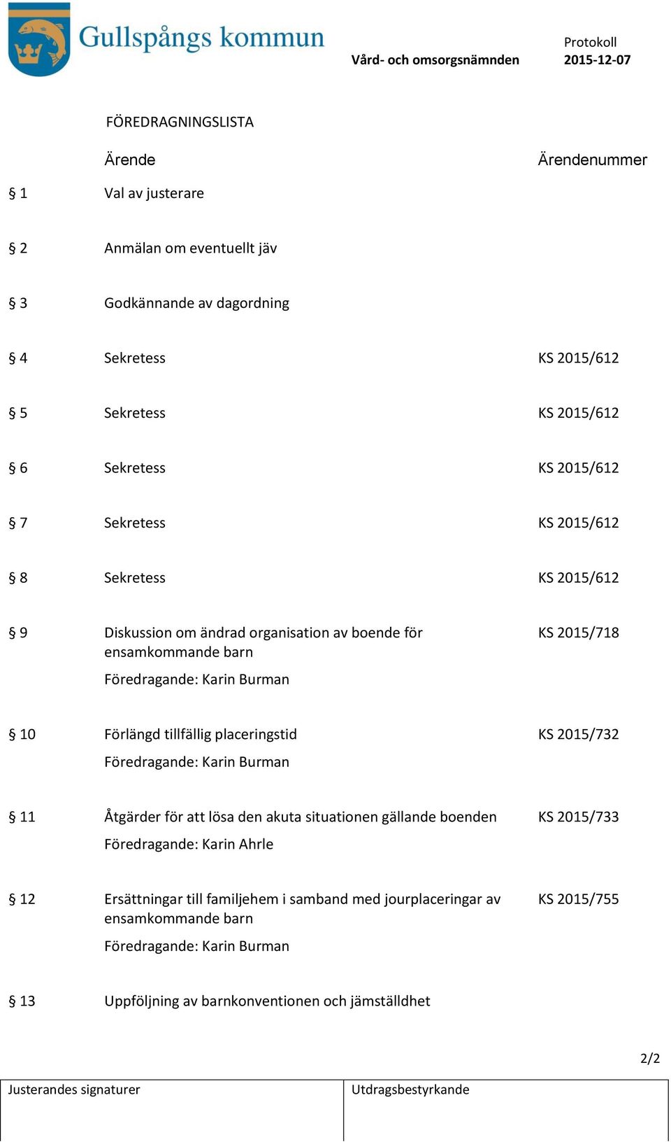 tillfällig placeringstid KS 2015/732 Föredragande: Karin Burman 11 Åtgärder för att lösa den akuta situationen gällande boenden KS 2015/733 Föredragande: Karin Ahrle 12