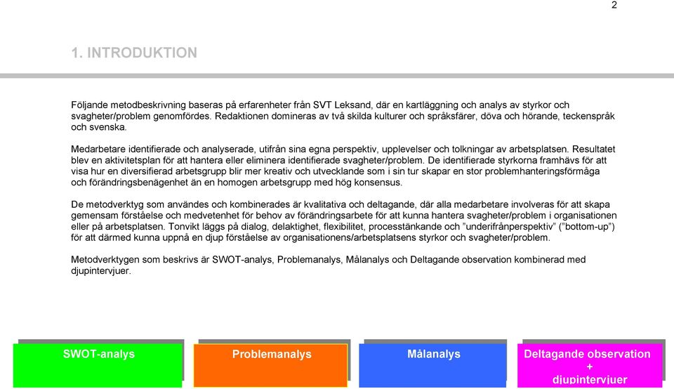 Medarbetare identifierade och analyserade, utifrån sina egna perspektiv, upplevelser och tolkningar av arbetsplatsen.