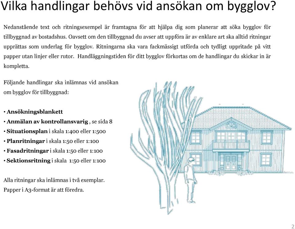 Ritningarna ska vara fackmässigt utförda och tydligt uppritade på vitt papper utan linjer eller rutor. Handläggningstiden för ditt bygglov förkortas om de handlingar du skickar in är kompletta.