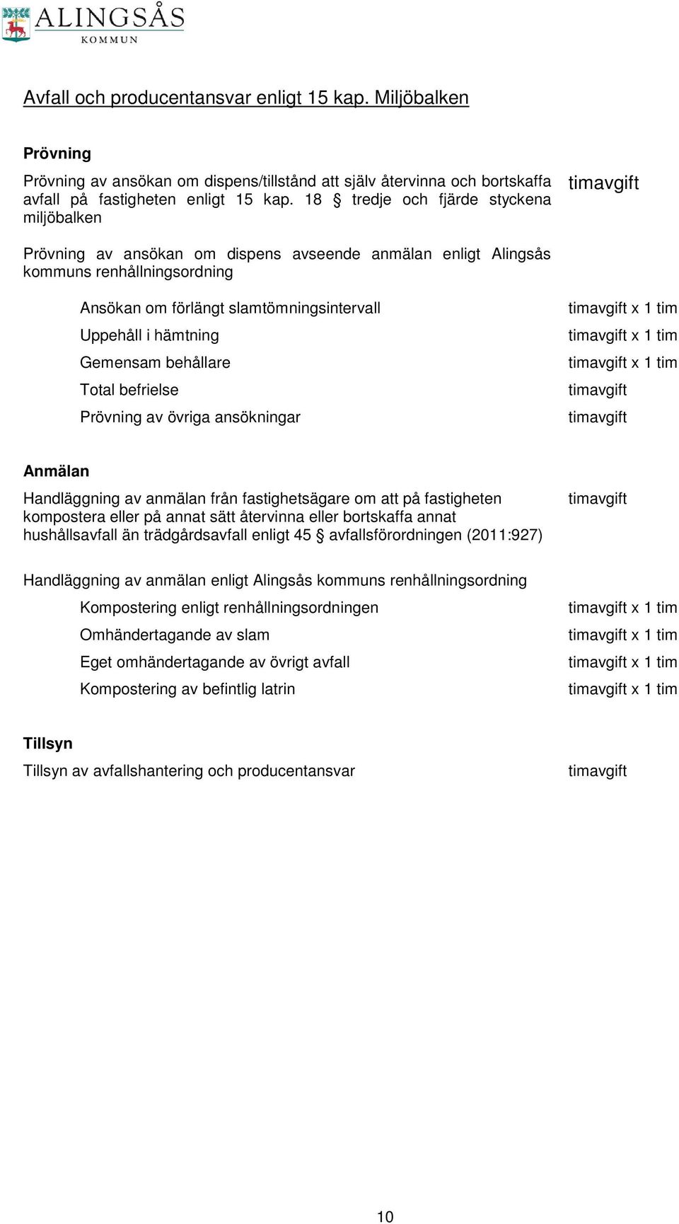 hämtning Gemensam behållare Total befrielse Prövning av övriga ansökningar timavgift x 1 tim timavgift x 1 tim timavgift x 1 tim timavgift timavgift Anmälan Handläggning av anmälan från