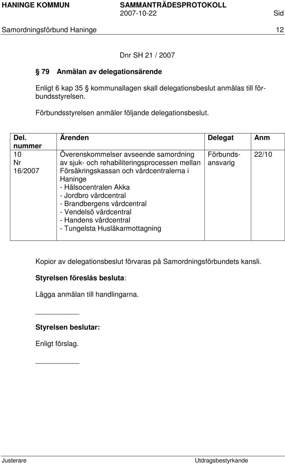 nummer 10 Nr 16/2007 Ärenden Delegat Anm Överenskommelser avseende samordning av sjuk- och rehabiliteringsprocessen mellan Försäkringskassan och vårdcentralerna i Haninge -