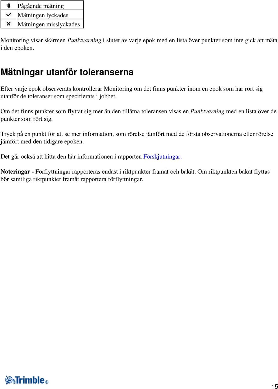 Om det finns punkter som flyttat sig mer än den tillåtna toleransen visas en Punktvarning med en lista över de punkter som rört sig.