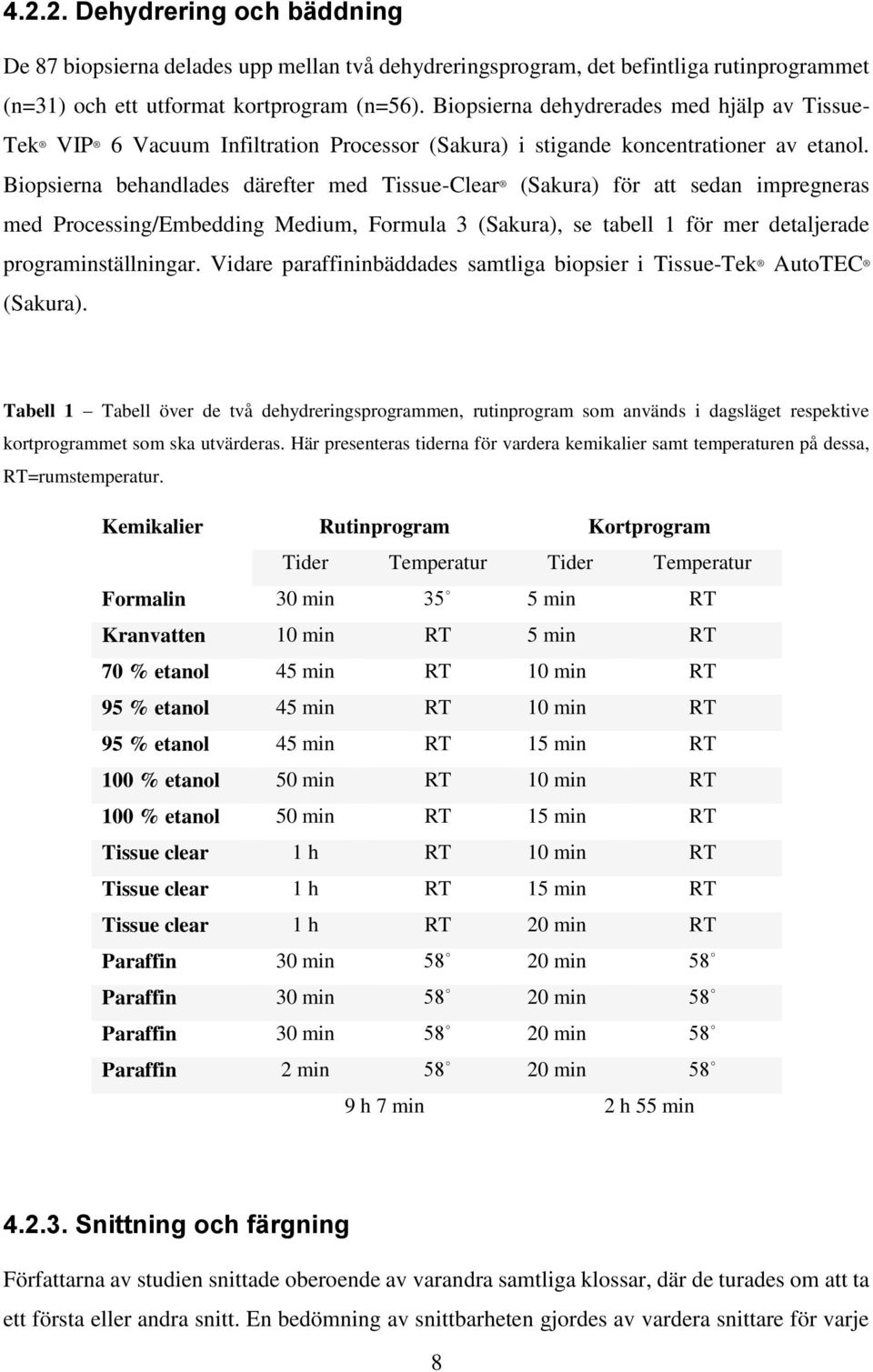 Biopsierna behandlades därefter med Tissue-Clear (Sakura) för att sedan impregneras med Processing/Embedding Medium, Formula 3 (Sakura), se tabell 1 för mer detaljerade programinställningar.