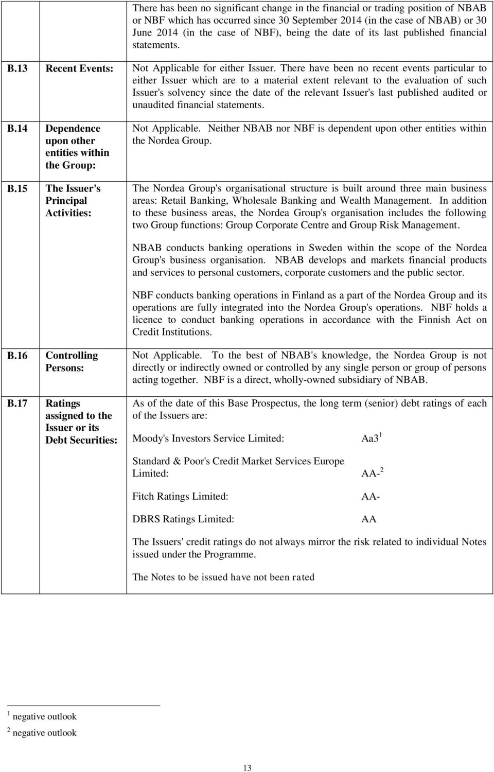 There have been no recent events particular to either Issuer which are to a material extent relevant to the evaluation of such Issuer's solvency since the date of the relevant Issuer's last published