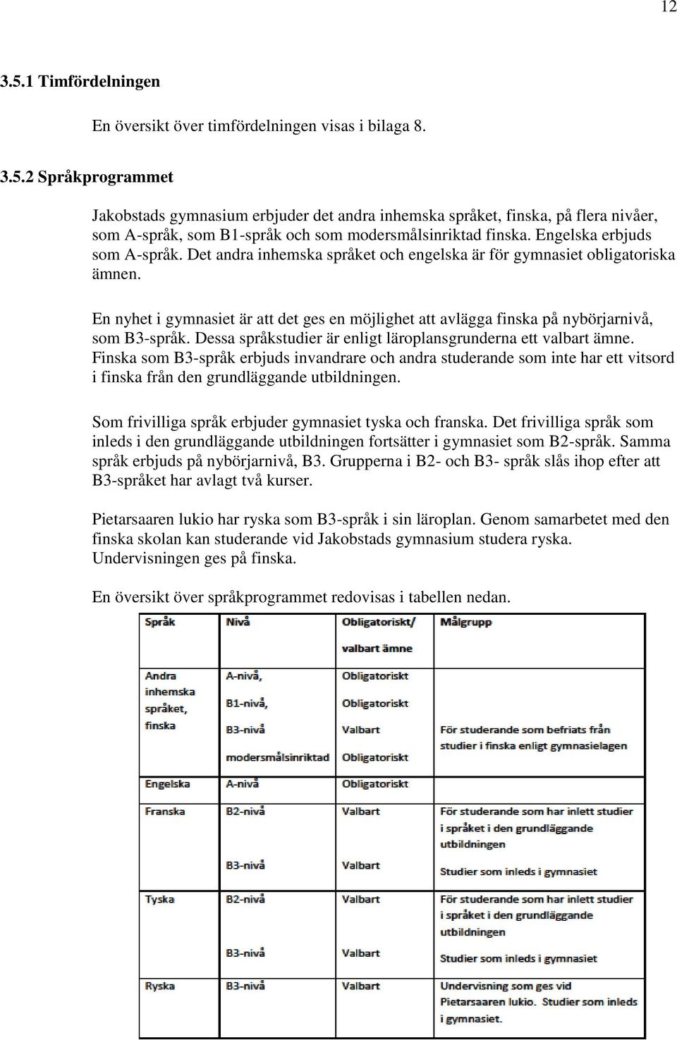 En nyhet i gymnasiet är att det ges en möjlighet att avlägga finska på nybörjarnivå, som B3-språk. Dessa språkstudier är enligt läroplansgrunderna ett valbart ämne.