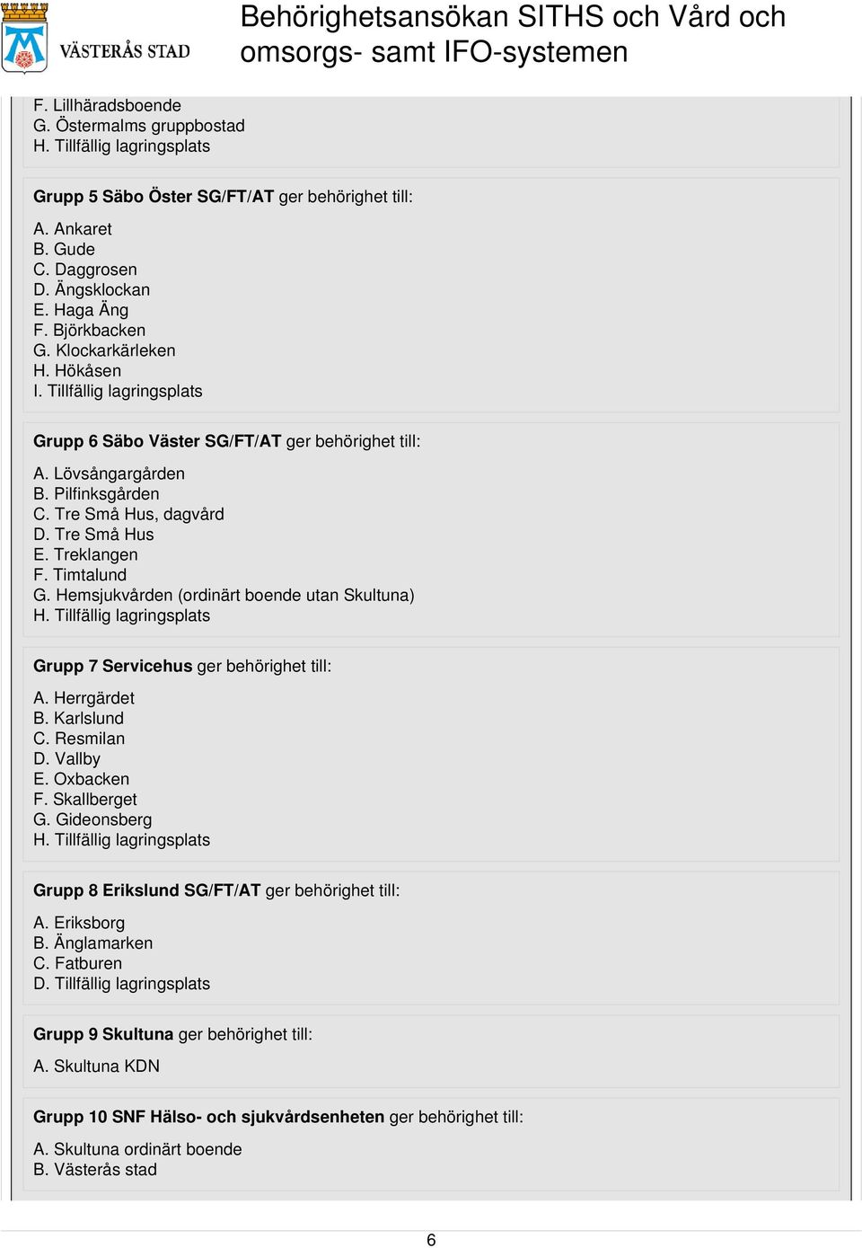 Tre Små Hus, dagvård D. Tre Små Hus E. Treklangen F. Timtalund G. Hemsjukvården (ordinärt boende utan Skultuna) H. Tillfällig lagringsplats Grupp 7 Servicehus ger behörighet till: A. Herrgärdet B.
