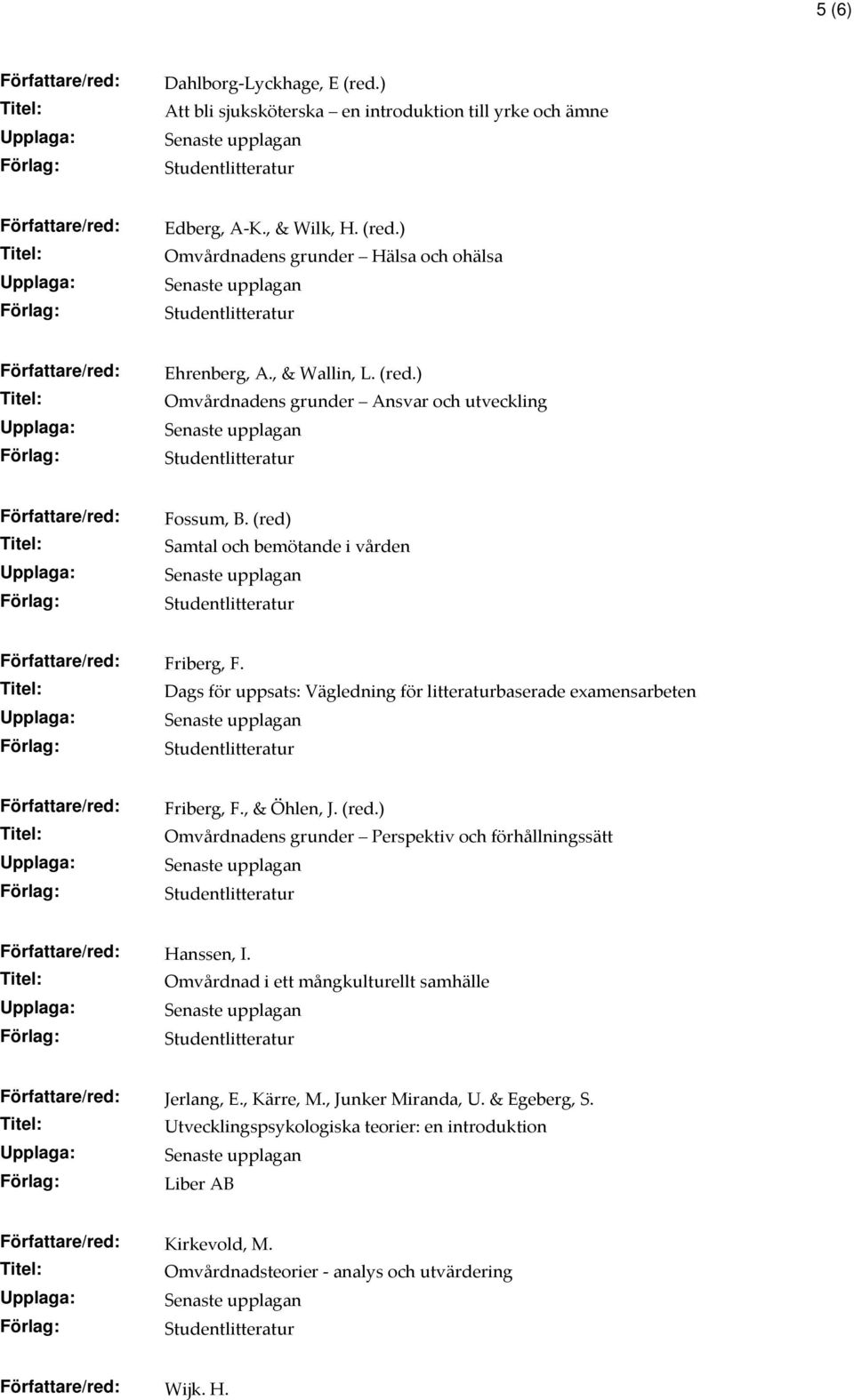 Dags för uppsats: Vägledning för litteraturbaserade examensarbeten Friberg, F., & Öhlen, J. (red.) Omvårdnadens grunder Perspektiv och förhållningssätt Hanssen, I.