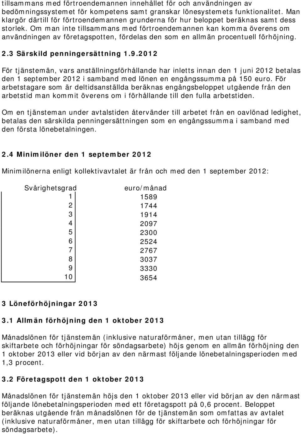 Om man inte tillsammans med förtroendemannen kan komma överens om användningen av företagspotten, fördelas den som en allmän procentuell förhöjning. 2.3 Särskild penningersättning 1.9.