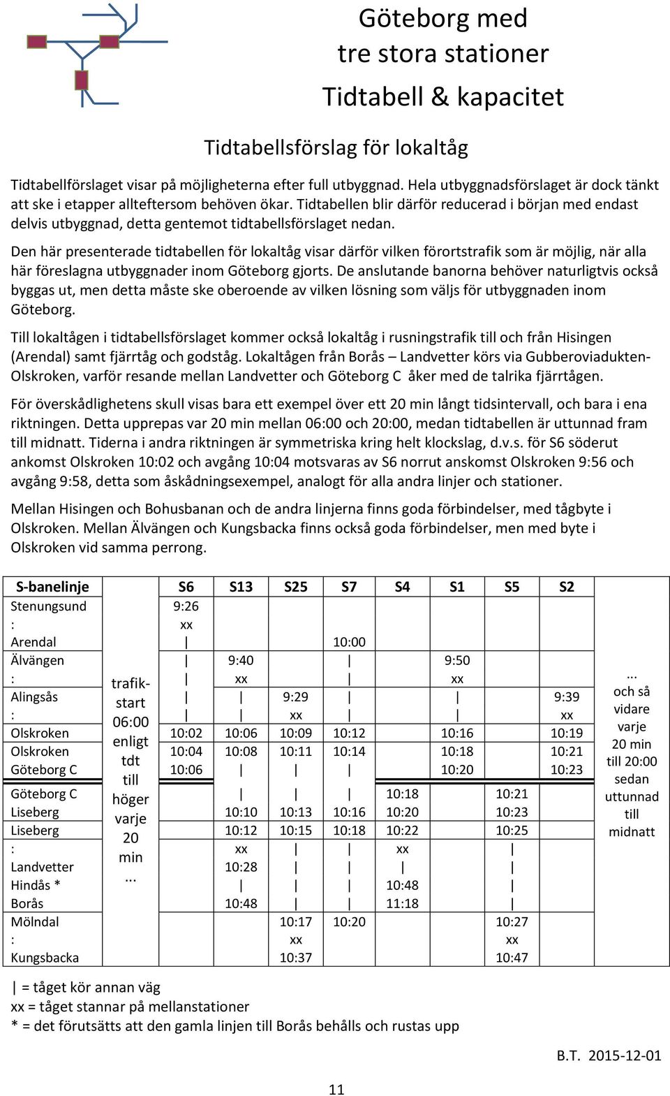 Den här presenterade tidtabellen för lokaltåg visar därför vilken förortstrafik som är möjlig, när alla här föreslagna utbyggnader inom Göteborg gjorts.