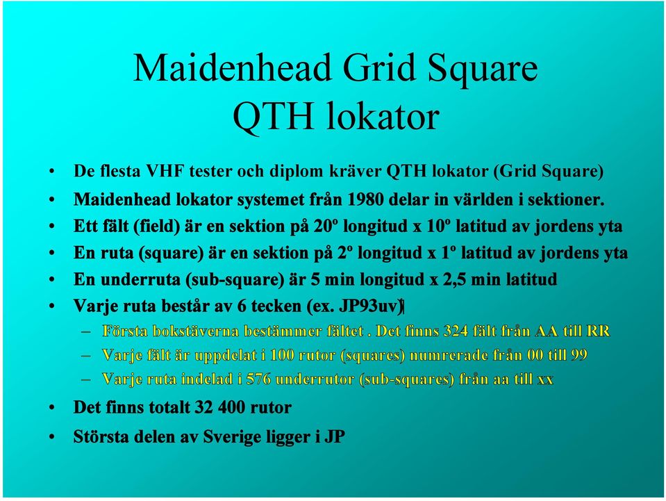 (sub-square) är 5 min longitud x 2,5 min latitud Varje ruta består av 6 tecken (ex. JP93uv) Första bokstäverna bestämmer fältet.