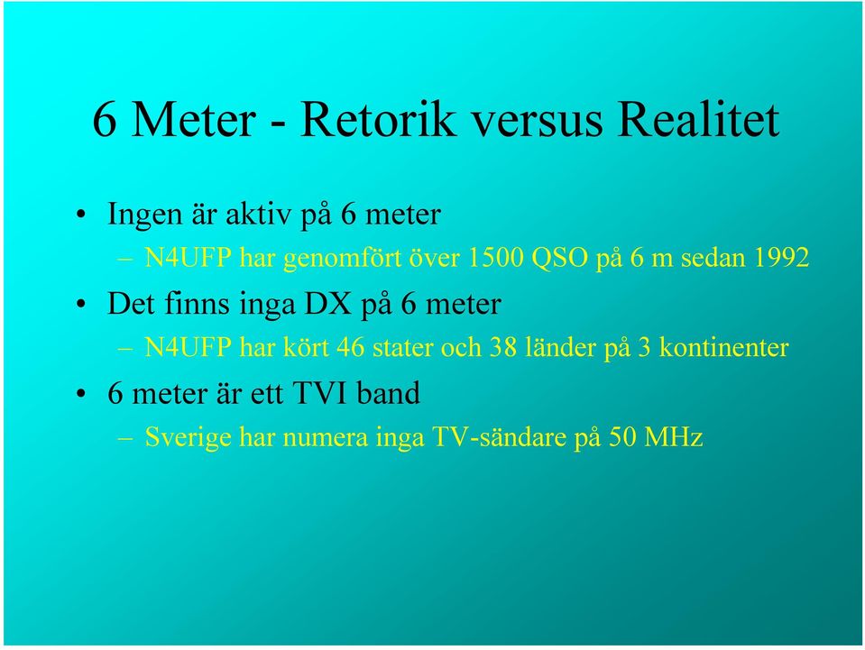 6 meter N4UFP har kört 46 stater och 38 länder på 3 kontinenter 6