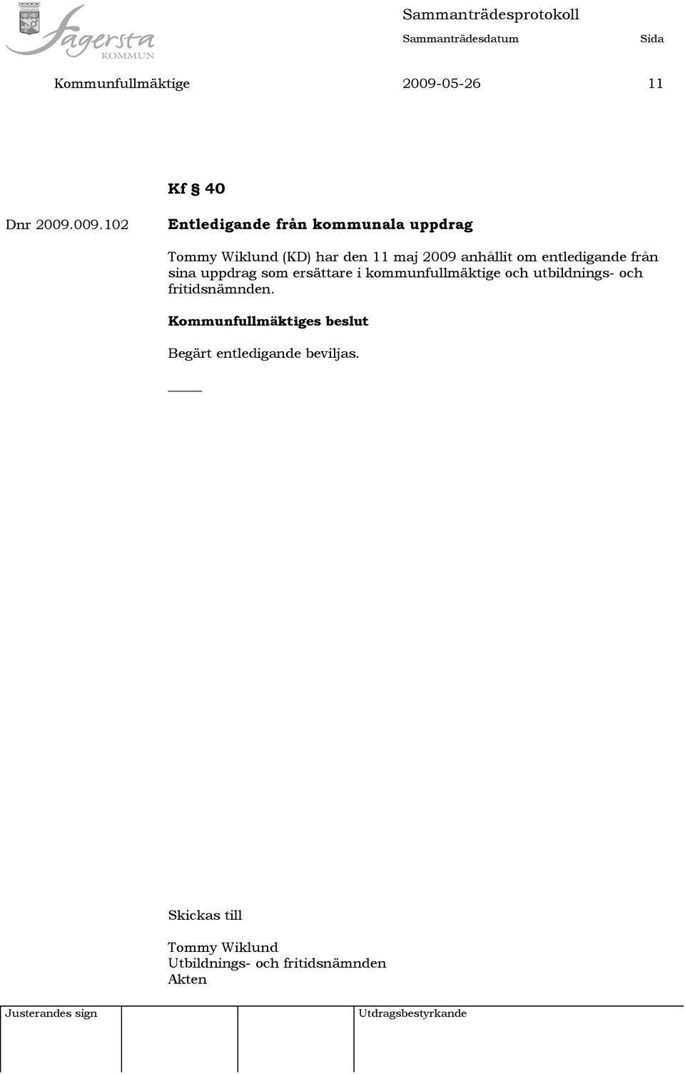 009.102 Entledigande från kommunala uppdrag Tommy Wiklund (KD) har den 11 maj