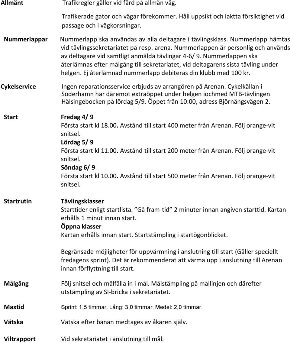 Nummerlappen är personlig och används av deltagare vid samtligt anmälda tävlingar 4-6/ 9. Nummerlappen ska återlämnas efter målgång till sekretariatet, vid deltagarens sista tävling under helgen.