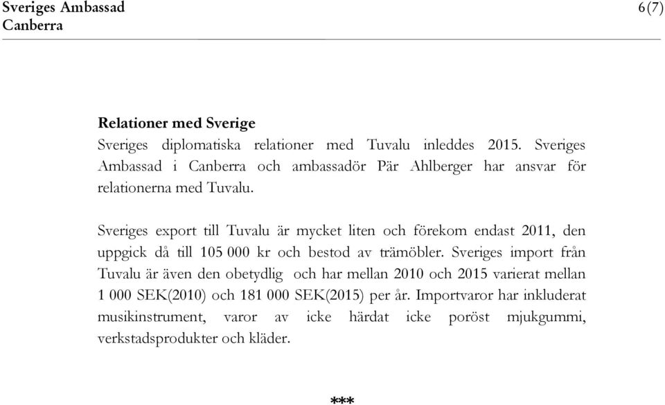 Sveriges export till Tuvalu är mycket liten och förekom endast 2011, den uppgick då till 105 000 kr och bestod av trämöbler.