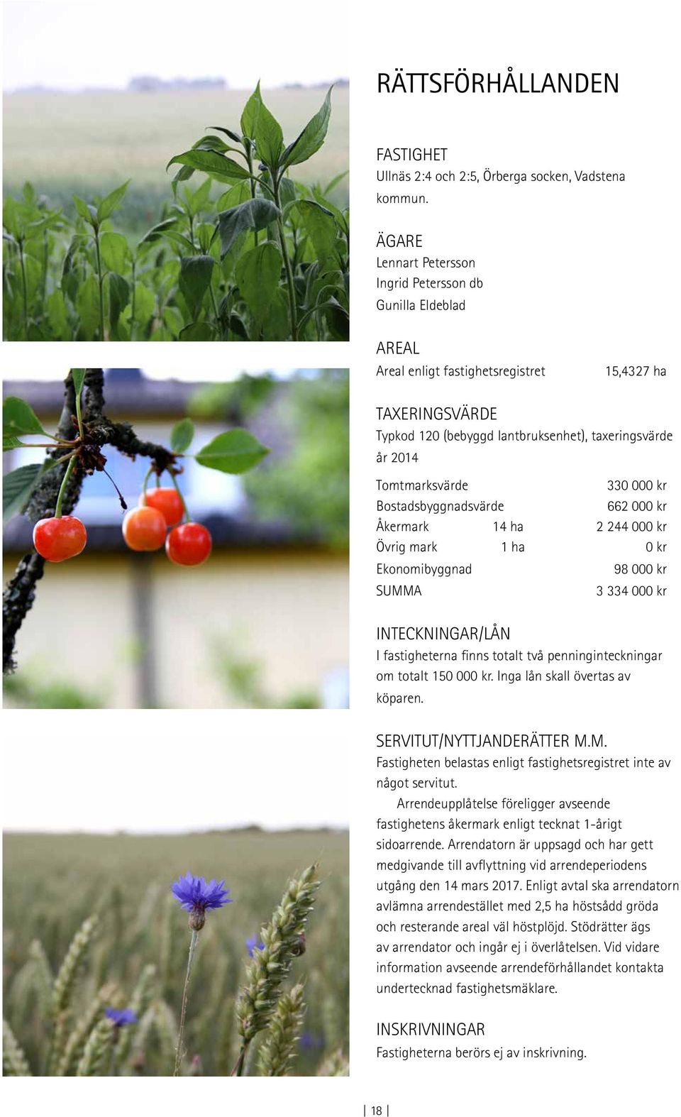 Tomtmarksvärde 330 000 kr Bostadsbyggnadsvärde 662 000 kr Åkermark 14 ha 2 244 000 kr Övrig mark 1 ha 0 kr Ekonomibyggnad 98 000 kr SUMMA 3 334 000 kr INTECKNINGAR/LÅN I fastigheterna finns totalt