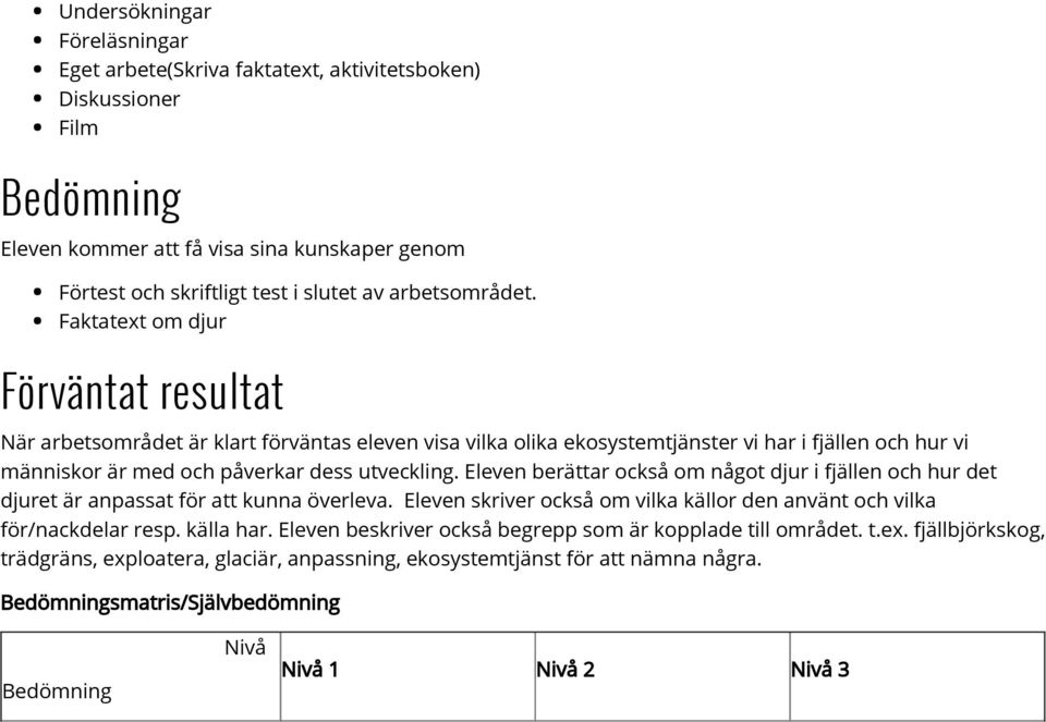 Faktatext om djur Förväntat resultat När arbetsområdet är klart förväntas eleven visa vilka olika ekosystemtjänster vi har i fjällen och hur vi människor är med och påverkar dess utveckling.