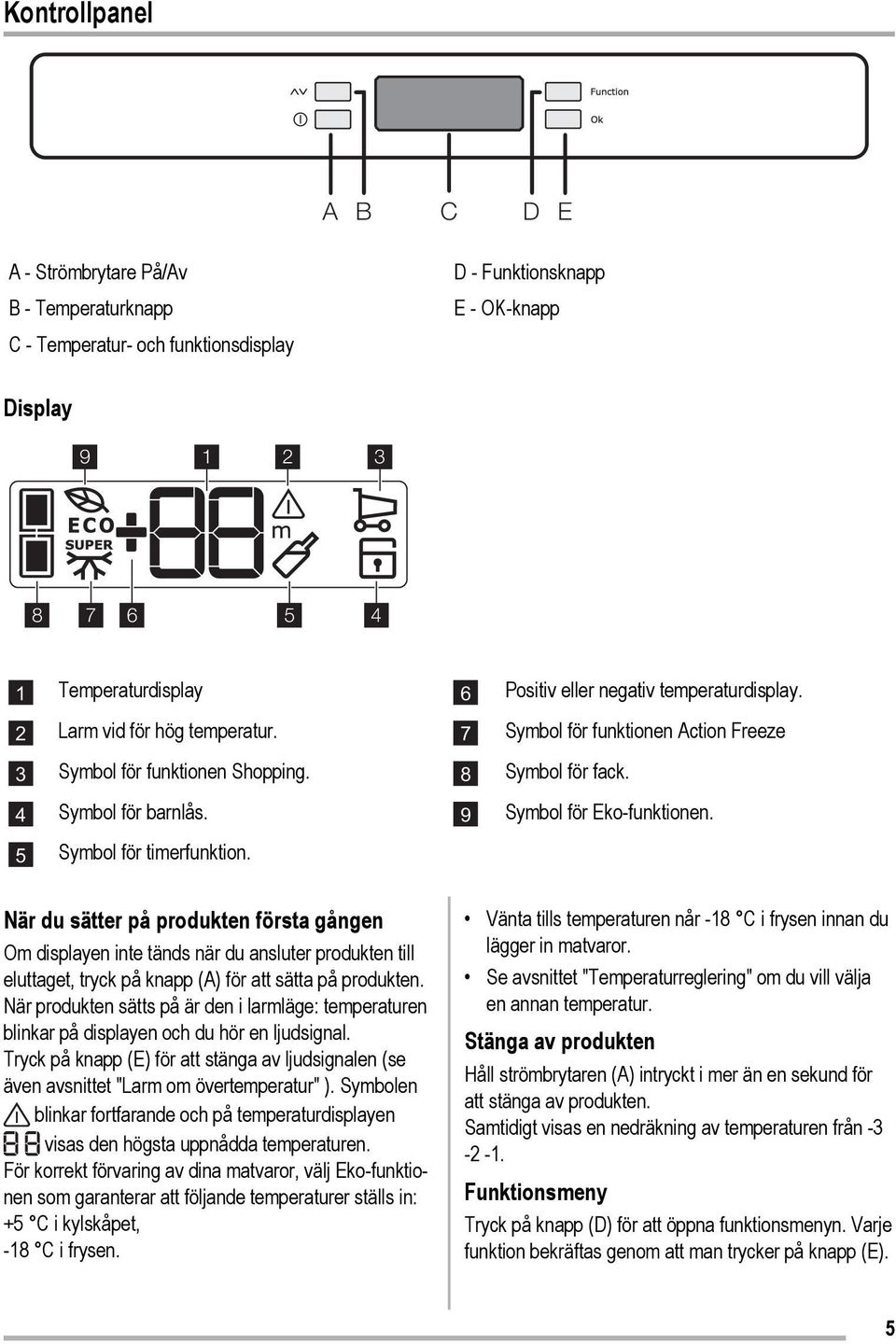 5 Symbol för timerfunktion. När du sätter på produkten första gången Om displayen inte tänds när du ansluter produkten till eluttaget, tryck på knapp (A) för att sätta på produkten.