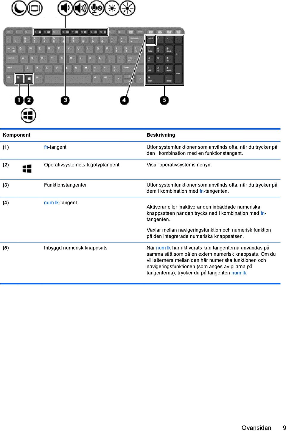 (4) num lk-tangent Aktiverar eller inaktiverar den inbäddade numeriska knappsatsen när den trycks ned i kombination med fntangenten.
