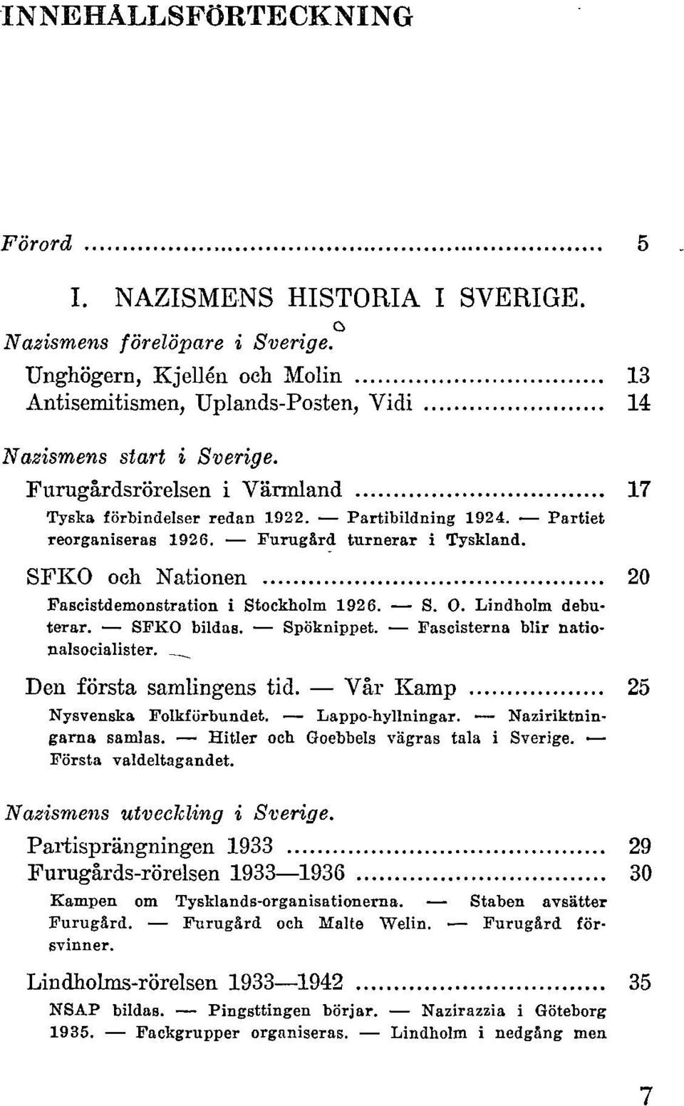 S. O. Lindholm debuterar. SFKO bildas. Spöknippet. Fasoisterna blir nationalsocialister. Den första samlingens tid. Vår Kamp 25 Nysvenska Folkförbundet. Lappo-hyllningar. Naziriktningarna samlas.