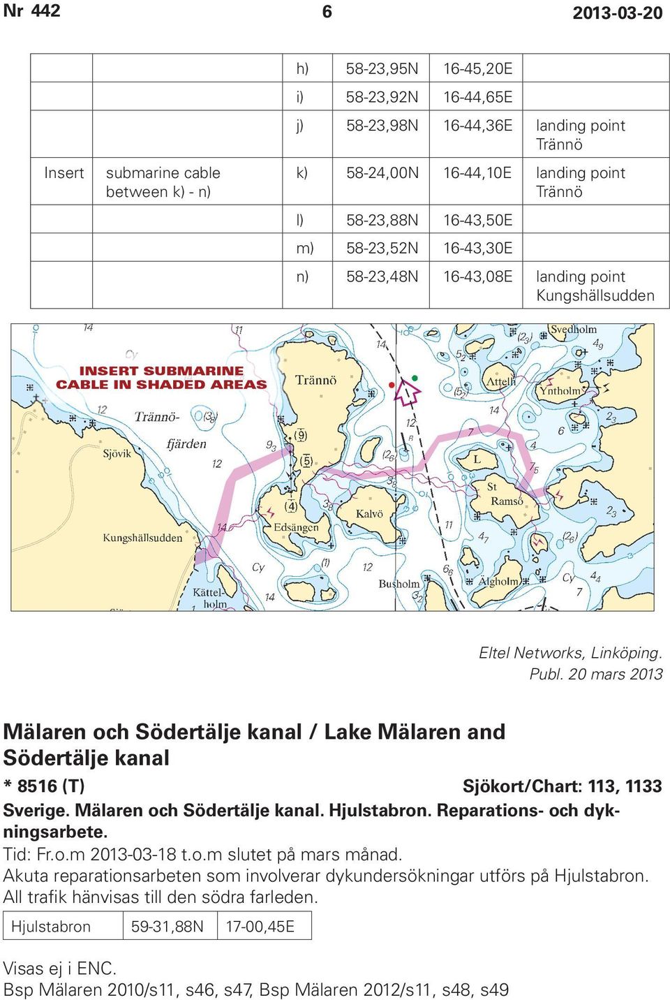 Mälaren och Södertälje kanal / Lake Mälaren and Södertälje kanal * 8516 (T) Sjökort/Chart: 113, 1133 Sverige. Mälaren och Södertälje kanal. Hjulstabron. Reparations- och dykningsarbete. Tid: Fr.