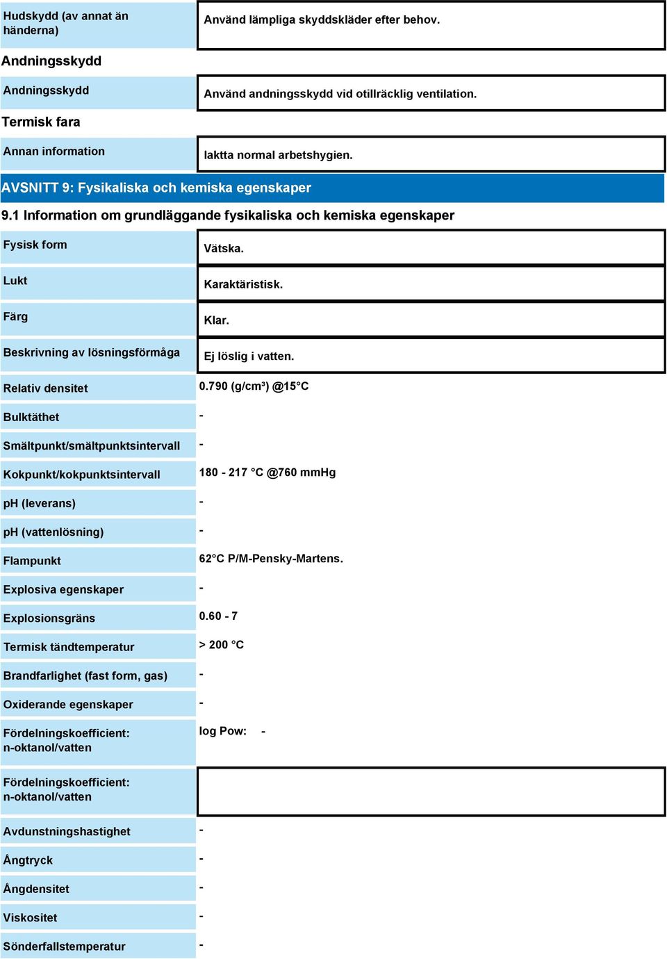1 Information om grundläggande fysikaliska och kemiska egenskaper Fysisk form Lukt Färg Beskrivning av lösningsförmåga Relativ densitet Vätska. Karaktäristisk. Klar. Ej löslig i vatten. 0.