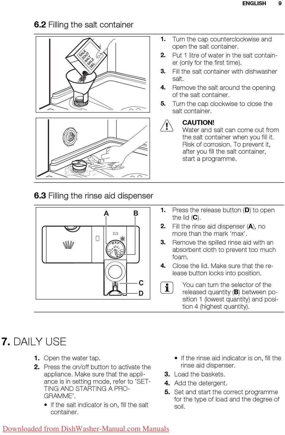 Water and salt can come out from the salt container when you fill it. Risk of corrosion. To prevent it, after you fill the salt container, start a programme. 6.