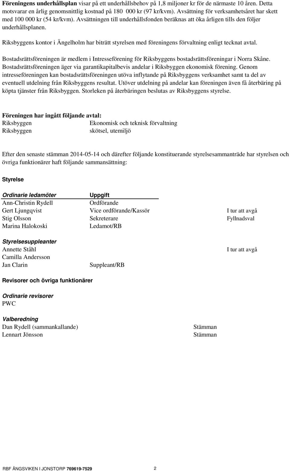 Riksbyggens kontor i Ängelholm har biträtt styrelsen med föreningens förvaltning enligt tecknat avtal.