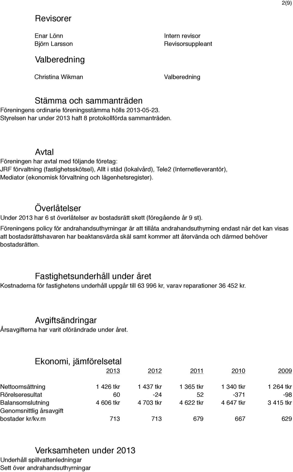 Avtal Föreningen har avtal med följande företag: JRF förvaltning (fastighetsskötsel), Allt i städ (lokalvård), Tele2 (Internetleverantör), Mediator (ekonomisk förvaltning och lägenhetsregister).