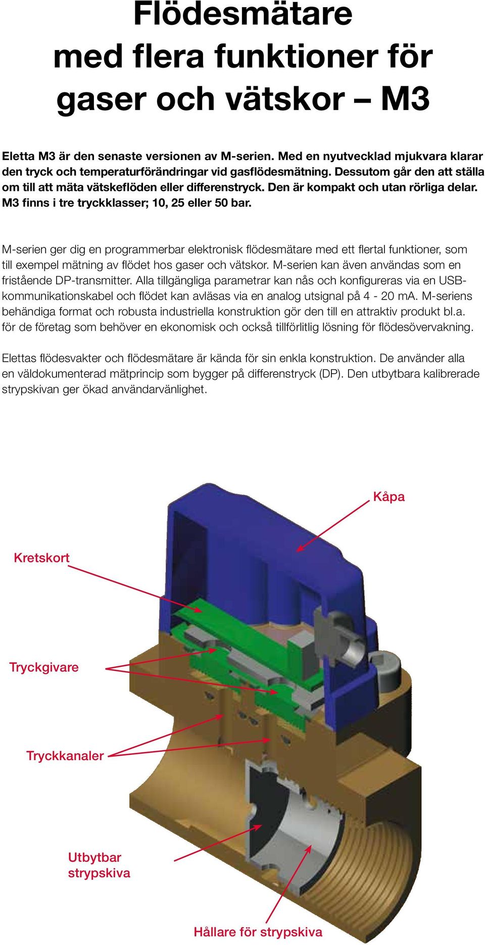 M-serien ger dig en programmerbar elektronisk flödesmätare med ett flertal funktioner, som till exempel mätning av flödet hos gaser och vätskor.