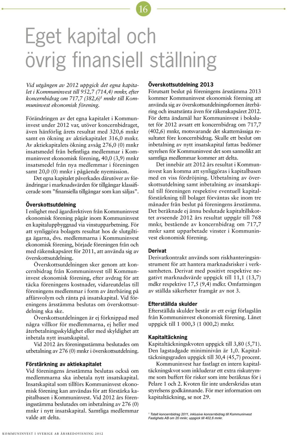 Av aktiekapitalets ökning avsåg 276,0 (0) mnkr insatsmedel från befintliga medlemmar i Kommuninvest ekonomisk förening, 40,0 (3,9) mnkr insatsmedel från nya medlemmar i föreningen samt 20,0 (0) mnkr
