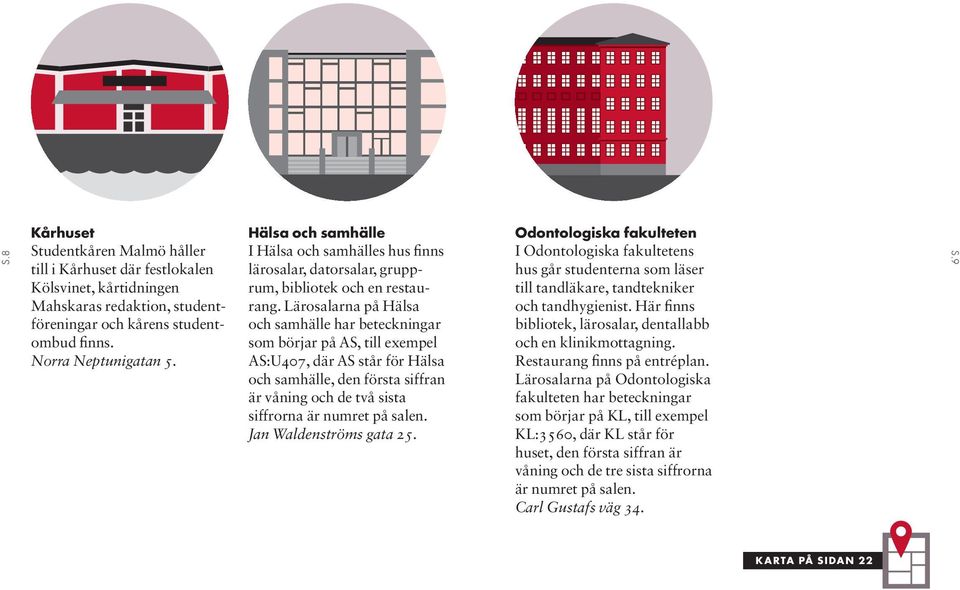 Lärosalarna på Hälsa och samhälle har beteckningar som börjar på AS, till exempel AS:U407, där AS står för Hälsa och samhälle, den första siffran är våning och de två sista siffrorna är numret på