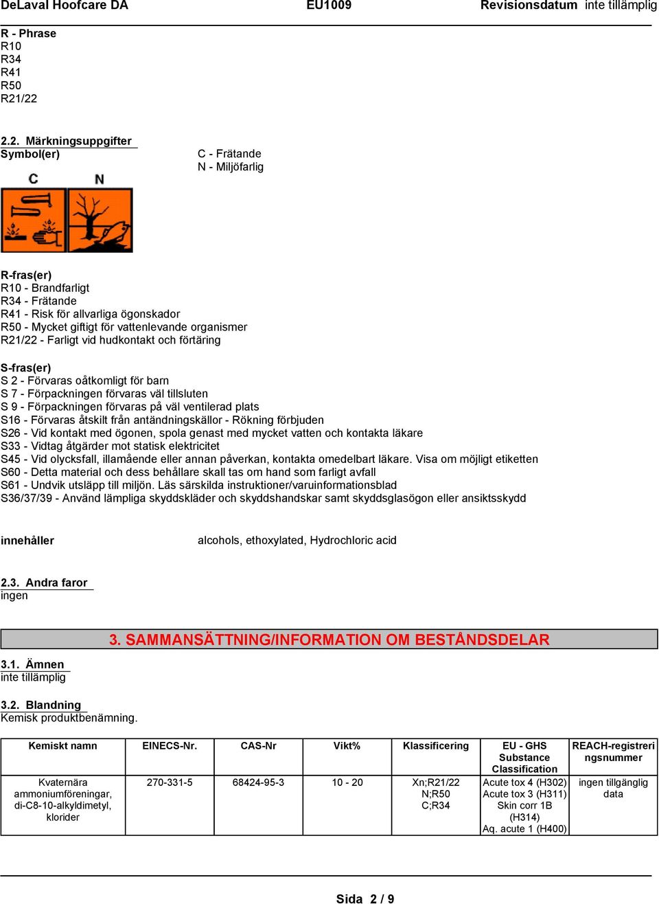 R21/22 - Farligt vid hudkontakt och förtäring S-fras(er) S 2 - Förvaras oåtkomligt för barn S 7 - Förpackningen förvaras väl tillsluten S 9 - Förpackningen förvaras på väl ventilerad plats S16 -
