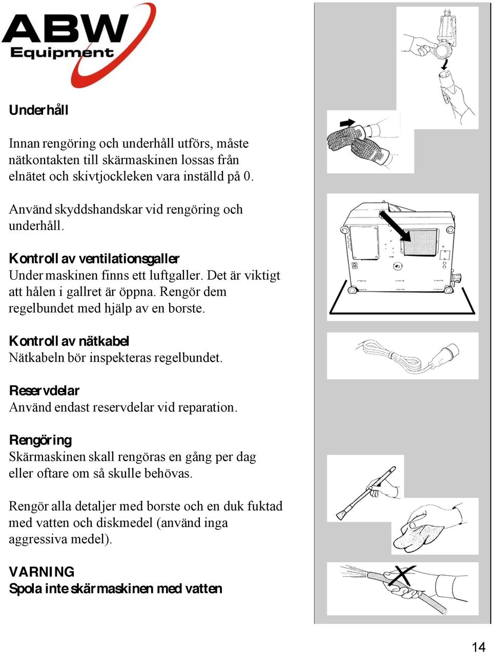 Rengör dem regelbundet med hjälp av en borste. Kontroll av nätkabel Nätkabeln bör inspekteras regelbundet. Reservdelar Använd endast reservdelar vid reparation.