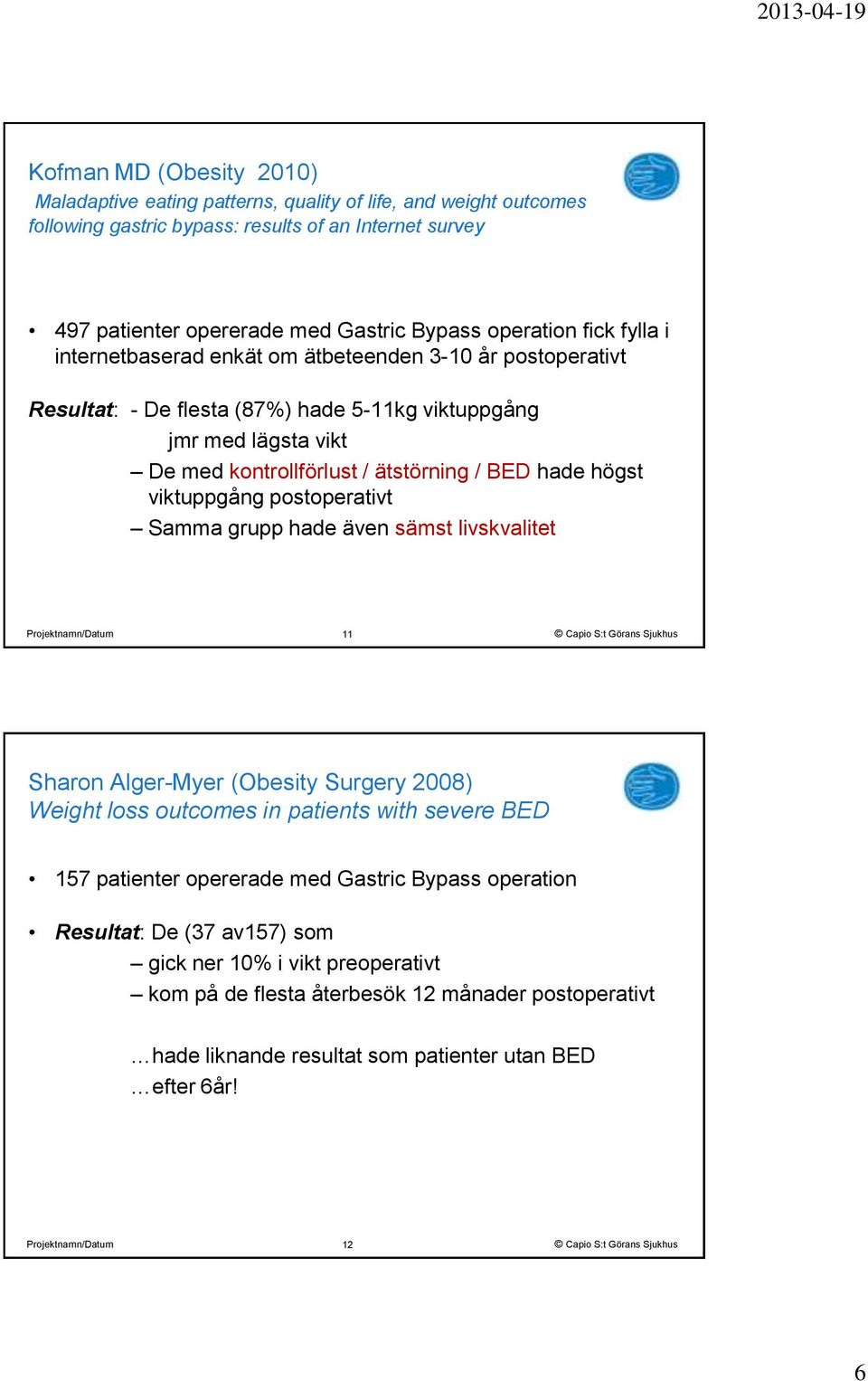 hade högst viktuppgång postoperativt Samma grupp hade även sämst livskvalitet 11 Sharon Alger-Myer (Obesity Surgery 2008) Weight loss outcomes in patients with severe BED 157 patienter opererade