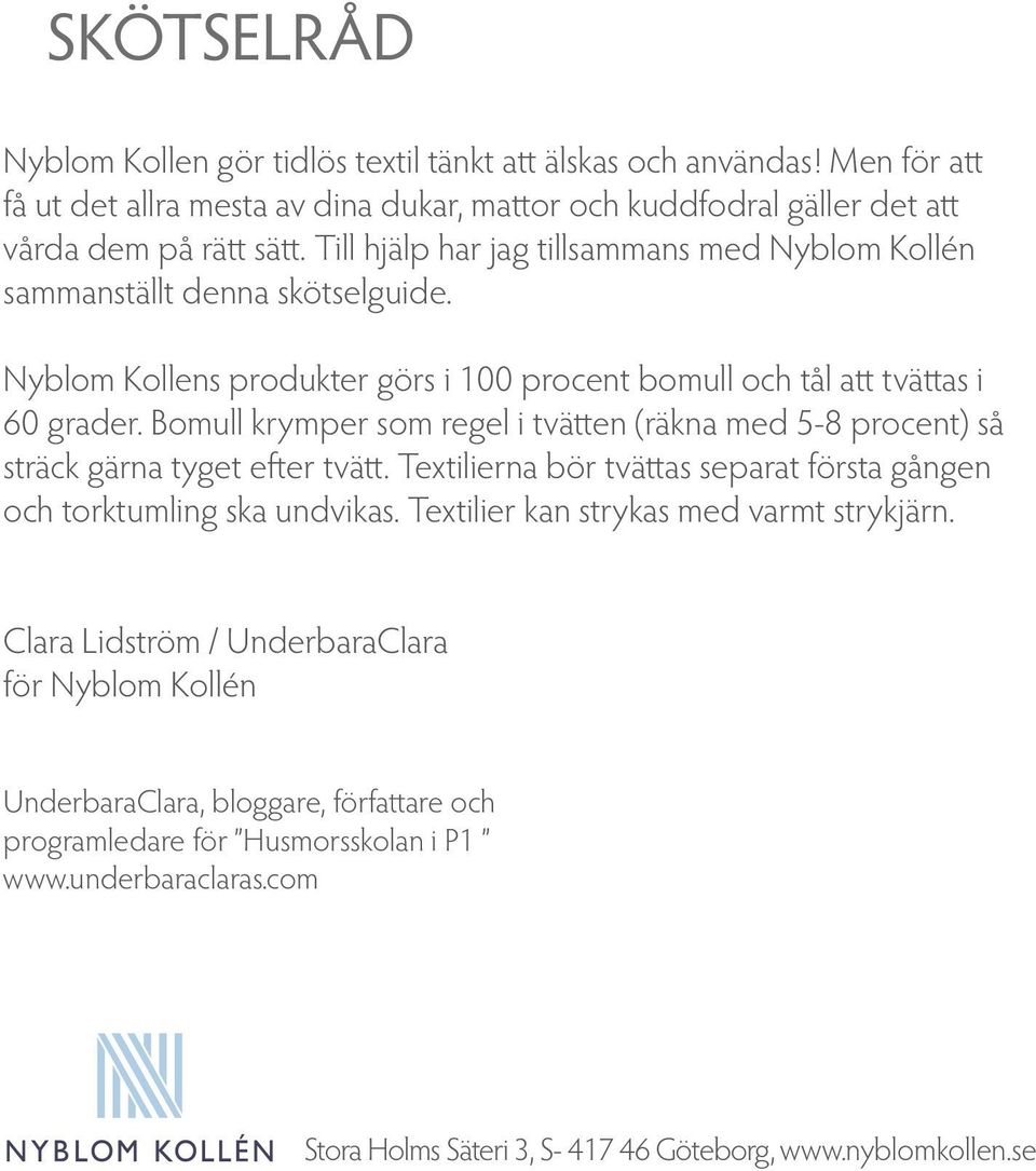UnderbaraClara SKÖTSELRÅD av Nyblom Kolléns textilier - PDF Gratis  nedladdning