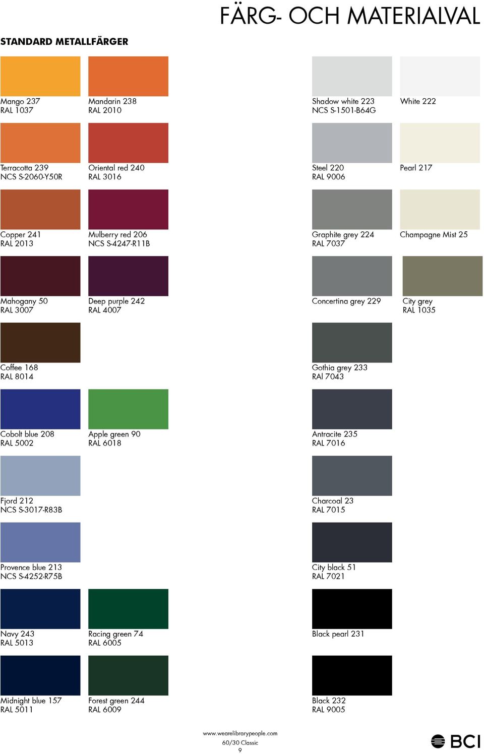 City grey RAL 05 Coffee 68 RAL 80 Gothia grey RAl 70 Cobolt blue 08 RAL 500 Apple green RAL 608 Antracite 5 RAL 706 Fjord NCS S-7-R8B Charcoal RAL 705
