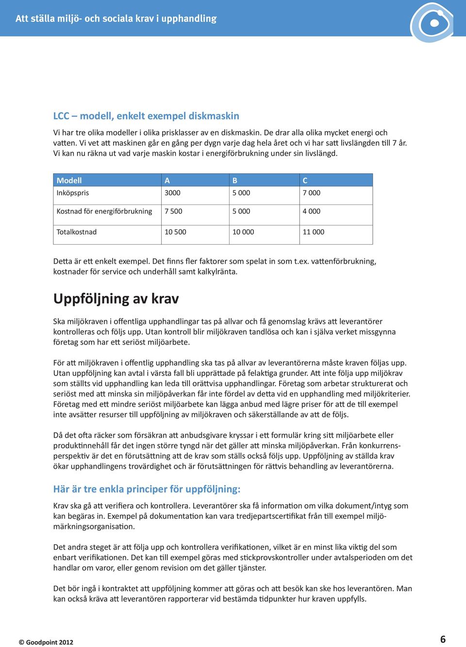 Modell A B C Inköpspris 3000 5 000 7 000 Kostnad för energiförbrukning 7 500 5 000 4 000 Totalkostnad 10 500 10 000 11 000 Detta är ett enkelt exe