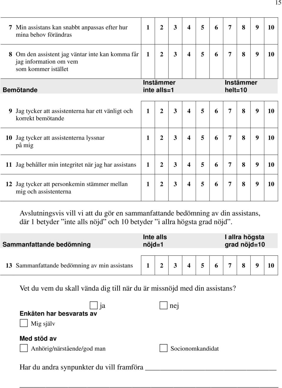 tycker att personkemin stämmer mellan mig och assistenterna Avslutningsvis vill vi att du gör en sammanfattande bedömning av din assistans, där 1 betyder inte alls nöjd och 10 betyder i allra högsta