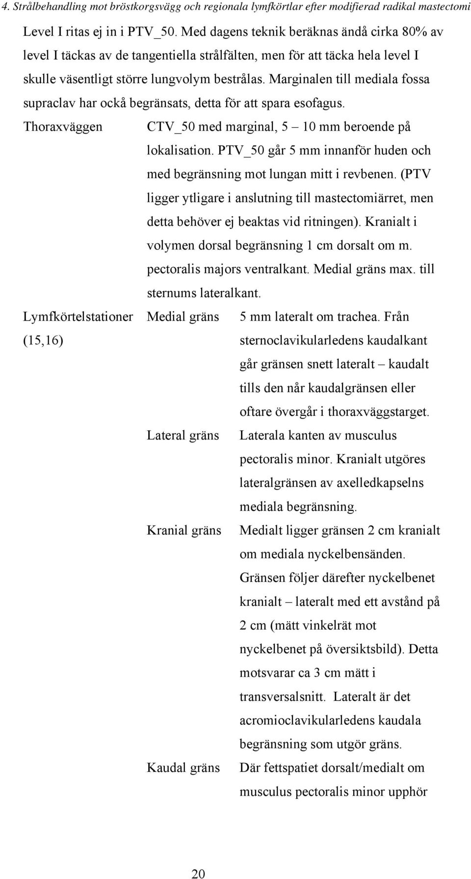 Marginalen till mediala fossa supraclav har ockå begränsats, detta för att spara esofagus. Thoraxväggen CTV_50 med marginal, 5 10 mm beroende på lokalisation.