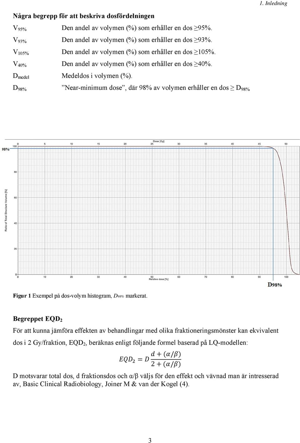 D 98% Near-minimum dose, där 98% av volymen erhåller en dos D 98% Figur 1 Exempel på dos-volym histogram, D98% markerat.
