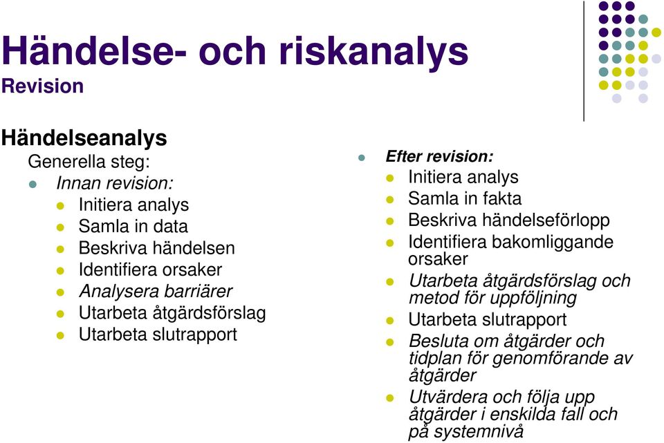 händelseförlopp Identifiera bakomliggande orsaker Utarbeta åtgärdsförslag och metod för uppföljning Utarbeta slutrapport