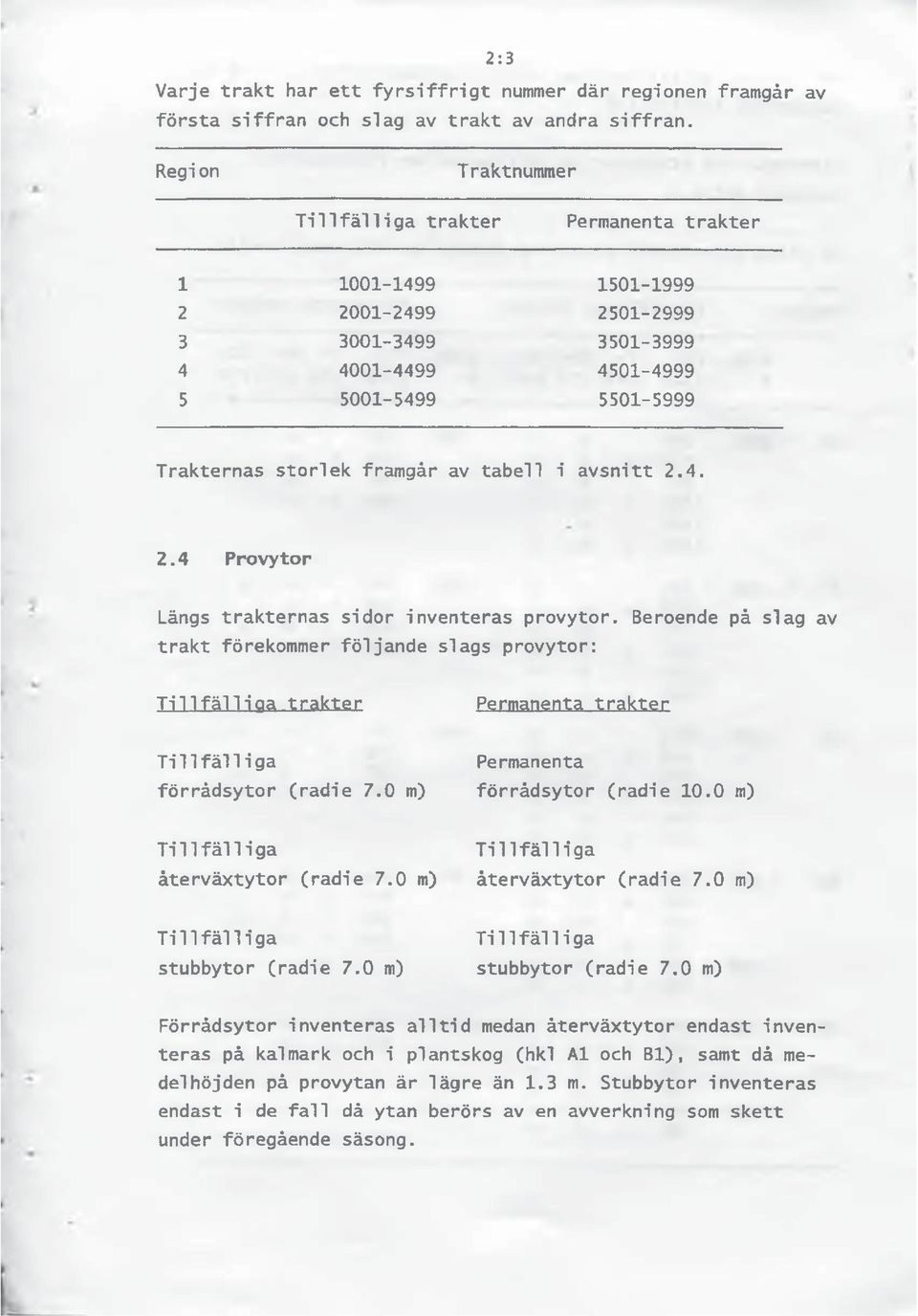 tabell i avsnitt 2.4. 2.4 Provytor Längs trakternas sidor inventeras provytor.