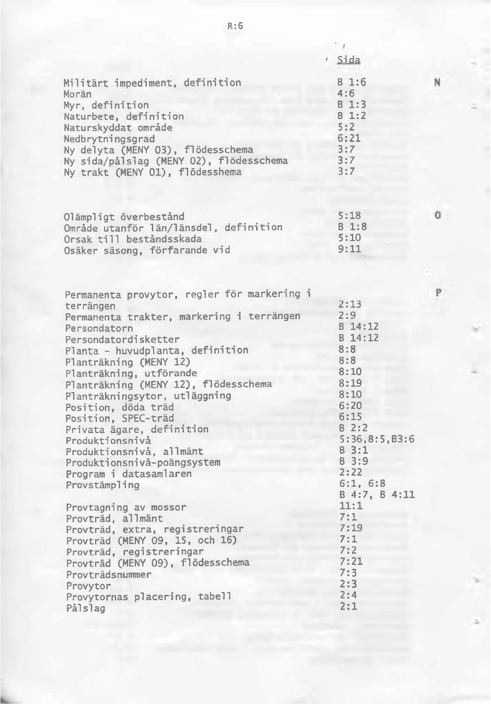 förfarande vid 9:11 Permanenta provytor, regler för markering i terrängen 2:13 Permanenta trakter, markering i terrängen 2:9 Persondatorn B 14:12 Persondatordi sketter B 14:12 Planta - huvudplanta,