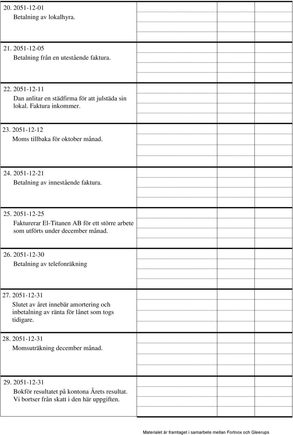 2051-12-25 Fakturerar El-Titanen AB för ett större arbete som utförts under december månad. 26. 2051-12-30 Betalning av telefonräkning 27.