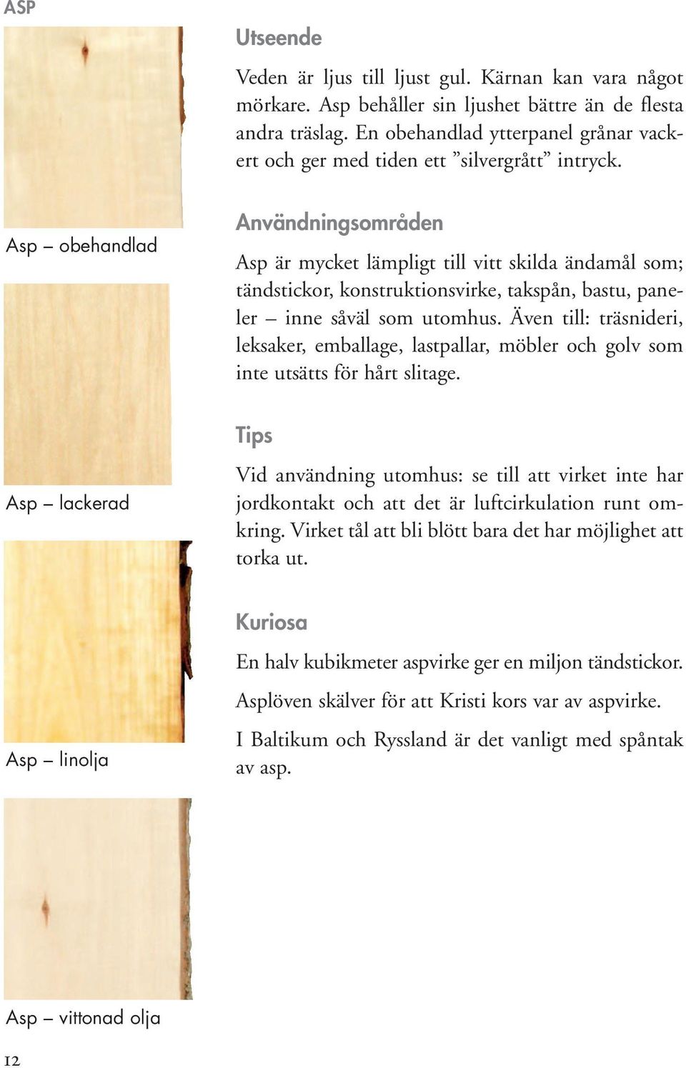 Asp obehandlad Användningsområden Asp är mycket lämpligt till vitt skilda ändamål som; tändstickor, konstruktionsvirke, takspån, bastu, paneler inne såväl som utomhus.