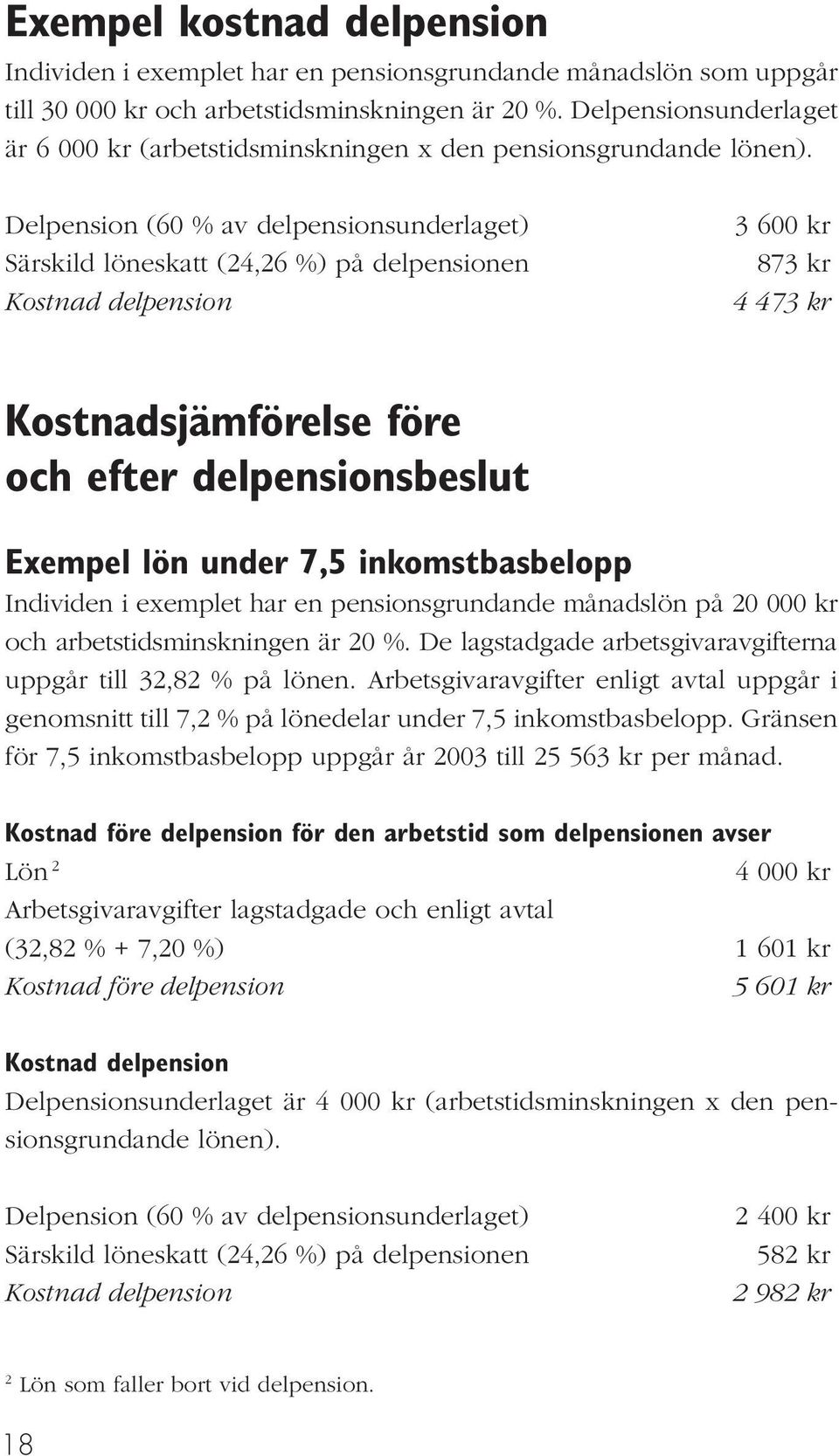 Delpension (60 % av delpensionsunderlaget) Särskild löneskatt (24,26 %) på delpensionen Kostnad delpension 3 600 kr 873 kr 4 473 kr Kostnadsjämförelse före och efter delpensionsbeslut Exempel lön